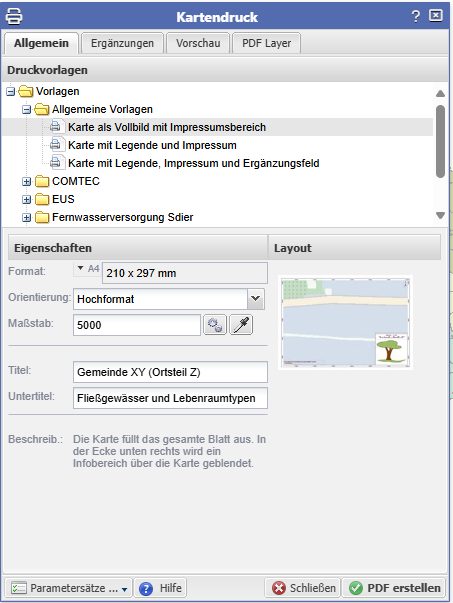 Abbildung 1: Kartendruckdialog Reiter Allgemein und Vorschau (@basemap.de / BKG)